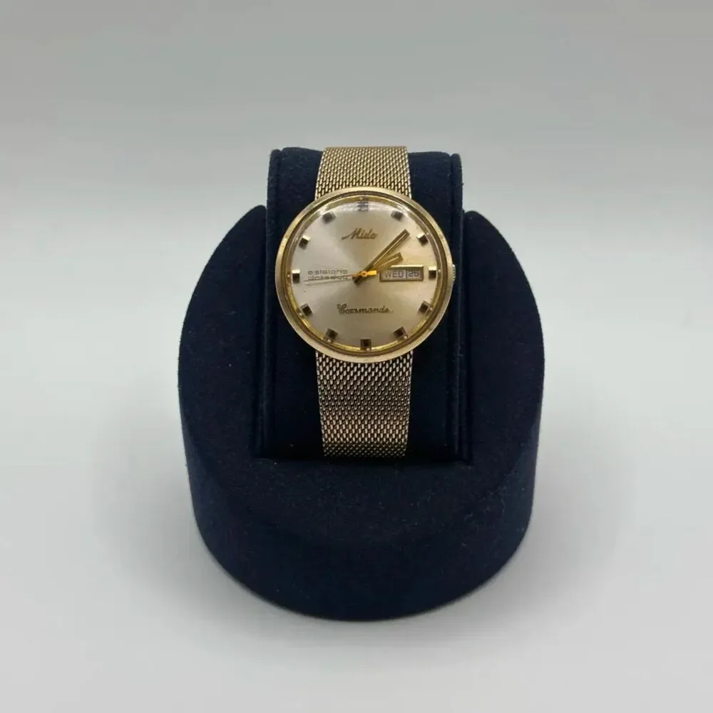 Vintage Mido Commander Estelaris Datoday Gold Tone Mesh Bracelet Watch 0583